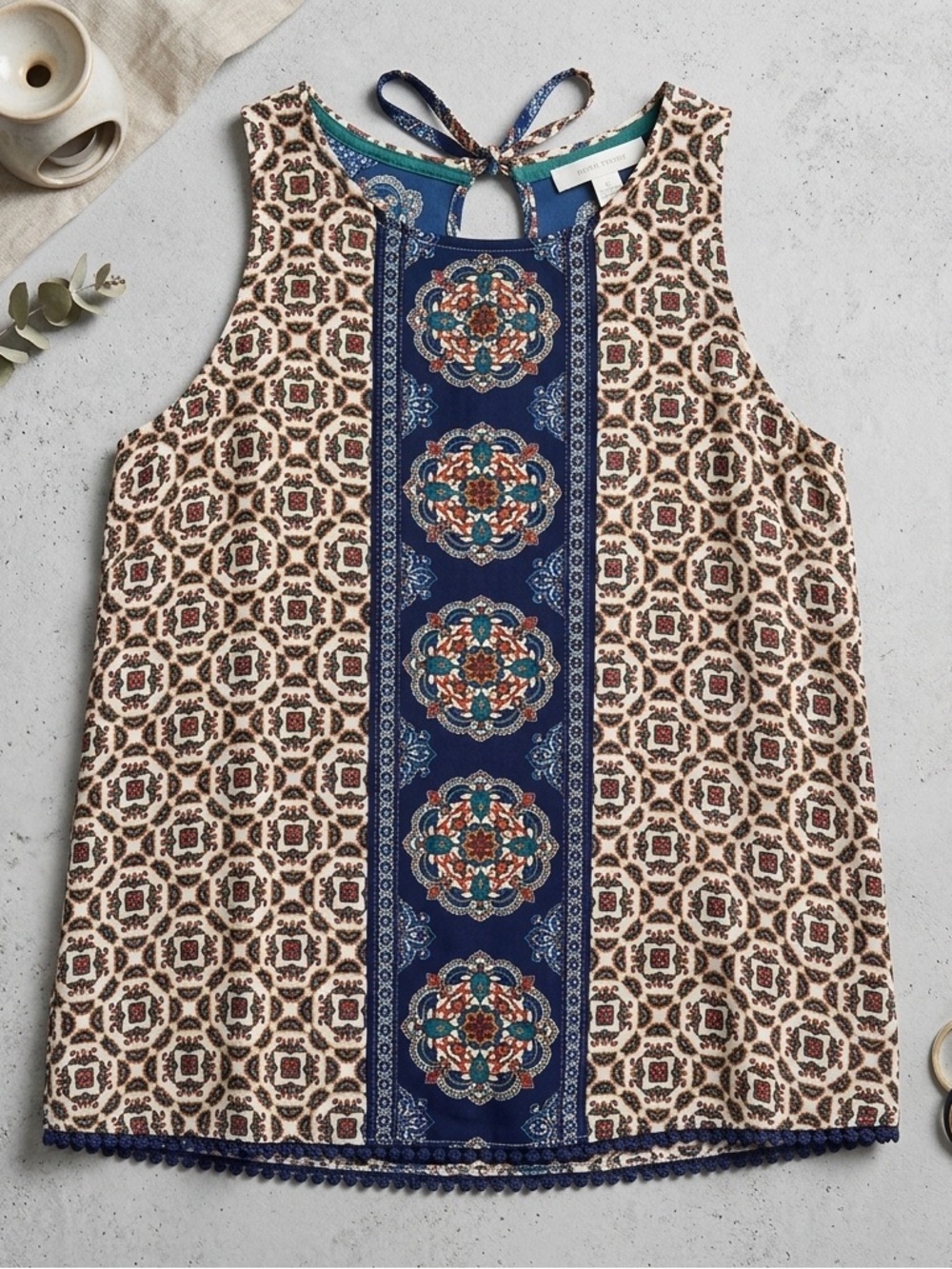 Xhilaration Geometric Tile Print Tank Top Boho Crochet Trim Blue Orange Size L - Picture 2 of 9